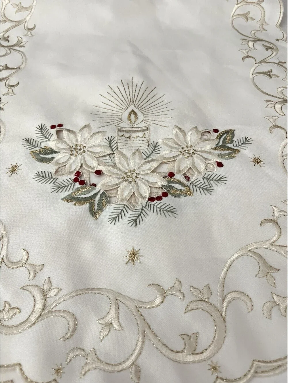 Vintage Table Runner Embroidered With Beautiful Gold Thread Candle Flower 34x14